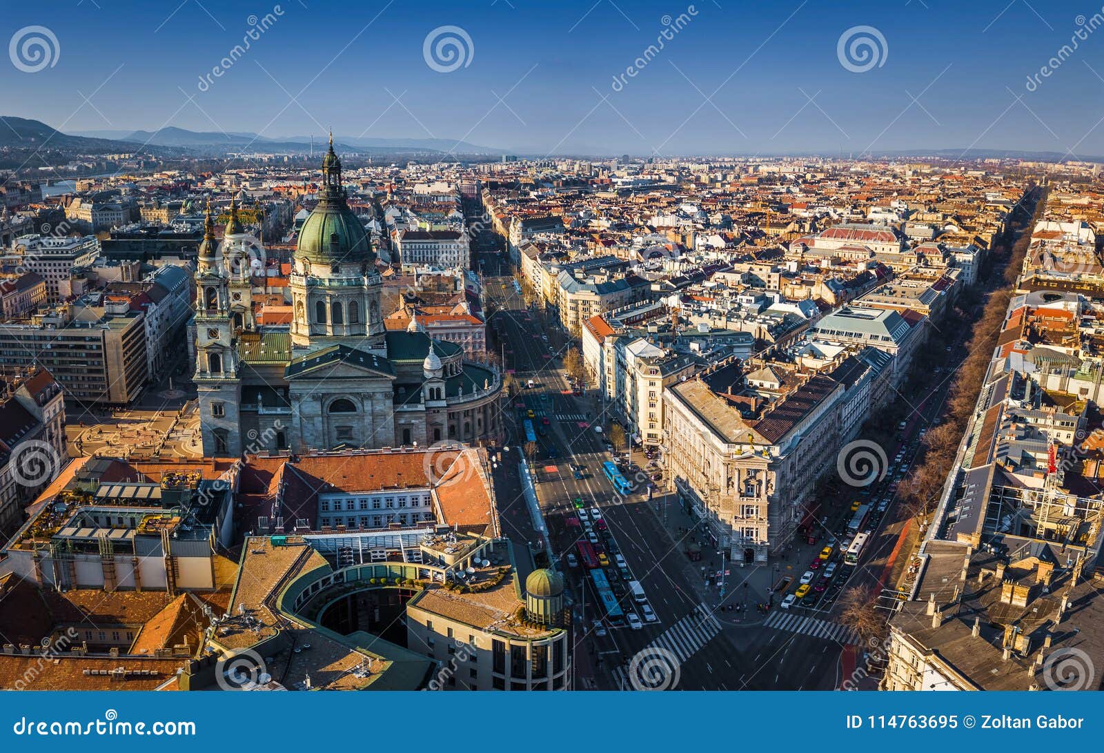 budapest, hungary - aerial view of st.stephen`s basilica with andrassy street and bajcsyÃ¢â¬âzsilinszky street